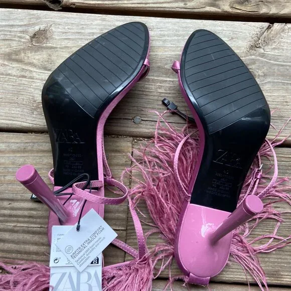 ZARA Mauve Pink Satin Feather Embellished High Stiletto Heel Strappy Sandals 40 - Picture 9 of 11